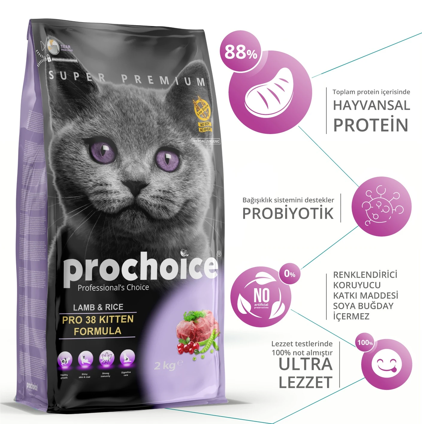 [P4603] Pro Choice Pro 38 Kitten Kuzu Etli Yavru Kedi Maması (2 Kg)