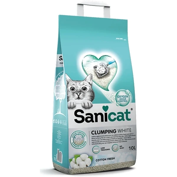 [245-803674] Sanicat Clumping White Cotton Oksijen Kontrol Topaklanan Kedi Kumu (10 Lt, 1 Adet)