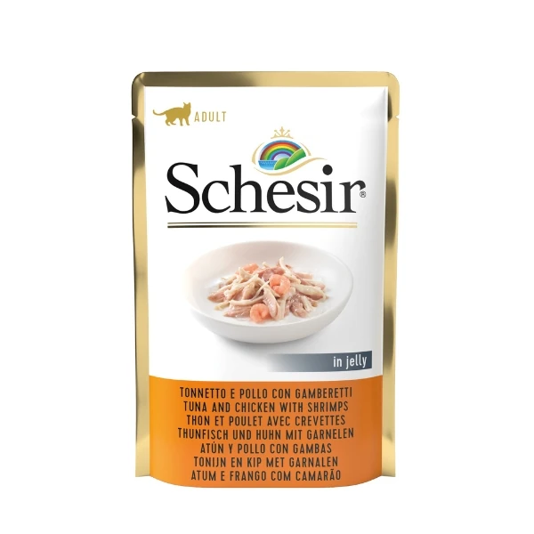 [230-C01070110] Schesir Jöleli Pouch Ton Balıklı Tavuklu ve Karidesli Yetişkin Konserve Kedi Maması (1 Adet)