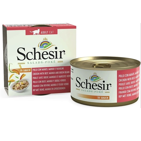 [230-1071820] Schesir Salad Tavuk Sığır Eti ve Mangolu Yetişkin Konserve Kedi Maması (1 Adet)