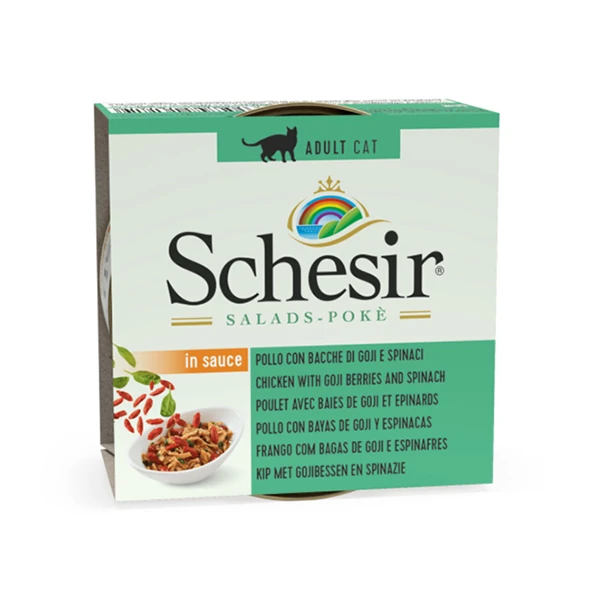 [230-1071810] Schesir Salad Tavuk Goji Berry ve Ispanaklı Yetişkin Konserve Kedi Maması (1 Adet)