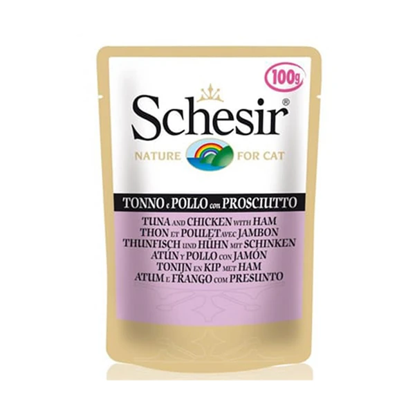 [230-C577] Schesir Ton Balıklı Tavuklu ve Jambonlu Pouch Konserve Yetişkin Kedi Maması (1 Adet)