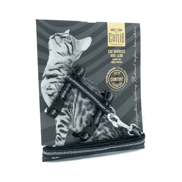 [EKTBLACK] Cattie Desenli Kedi Göğüs ve Gezdirme Tasma Aparatı (Siyah)