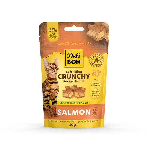 [SOLMONPOCKET60] Delibon Chrunchy İçi Dolgulu Somonlu Kedi Ödül Bisküvisi (1 Adet)