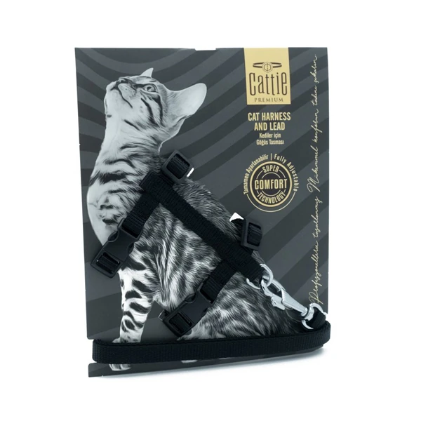 [KTBLACK] Cattie Kedi Göğüs ve Gezdirme Tasma Takımı (Siyah)