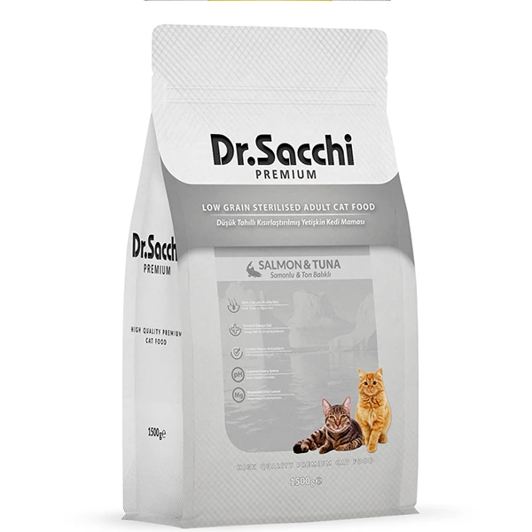 [8690286591907] Dr.Sacchi Premium Düşük Tahıllı Somonlu ve Ton Balıklı Kısırlaştırılmış Kedi Maması (1.5 Kg)