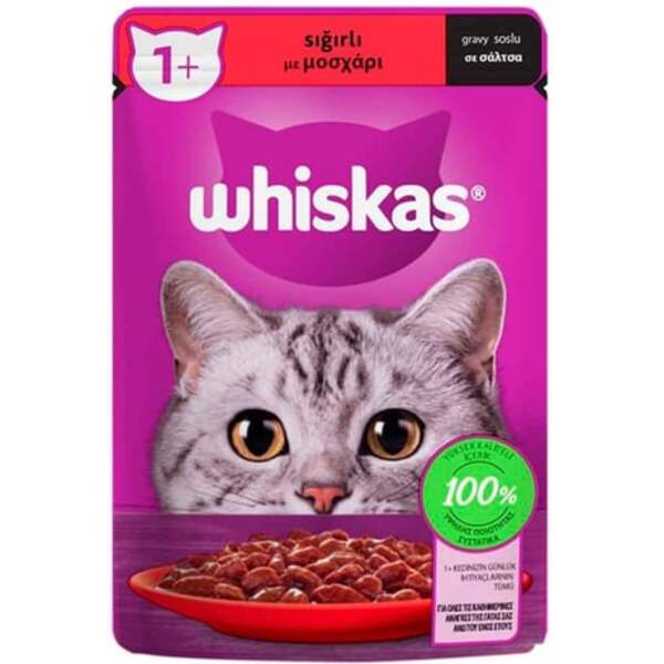 [443926] Whiskas Pouch Sos İçerisinde Sığır Etli Yetişkin Konserve Kedi Maması (1 Adet)