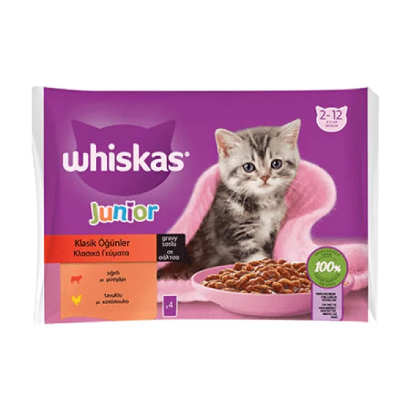 [448662] Whiskas Pouch Sos İçerisinde Sığır Etli ve Tavuklu Yavru Konserve Kedi Maması (1 Adet)