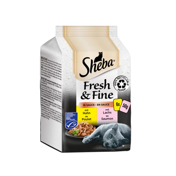 [420661-6] Sheba Pouch Fresh & Fine Sos İçerisinde Tavuklu ve Somonlu Yetişkin Konserve Kedi Maması 6x300 Gr (1 Adet)