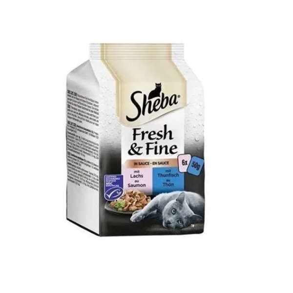 [420662-6] Sheba Pouch Fresh & Fine Sos İçerisinde Ton Balıklı ve Somonlu Yetişkin Konserve Kedi Maması 6x300 Gr (1 Adet)