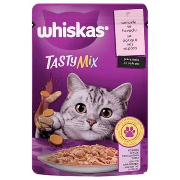 [443030] Whiskas Pouch Tasty Mix Sos İçerisinde Somonlu ve Havuçlu Yetişkin Konserve Kedi Maması (1 Adet)