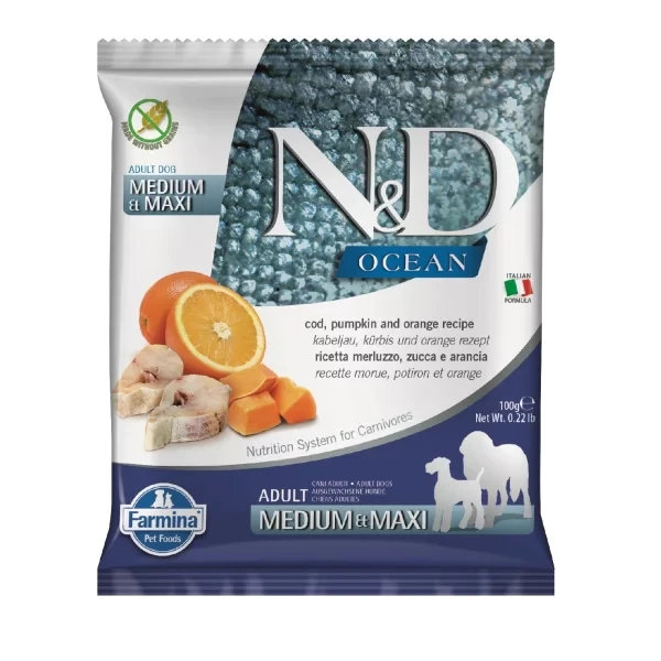 [8010276036544] N&D Ocean Morina Balıklı Orta ve Büyük Irk Yetişkin Köpek Maması (100 Gr)