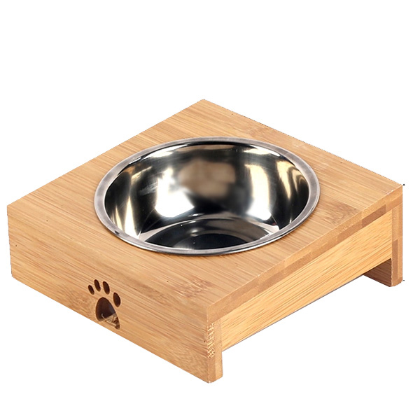 [677-RJ804] Carno Ahşap Sehpalı Tekli Çelik Kedi ve Köpek Mama ve Su Kabı Gümüş