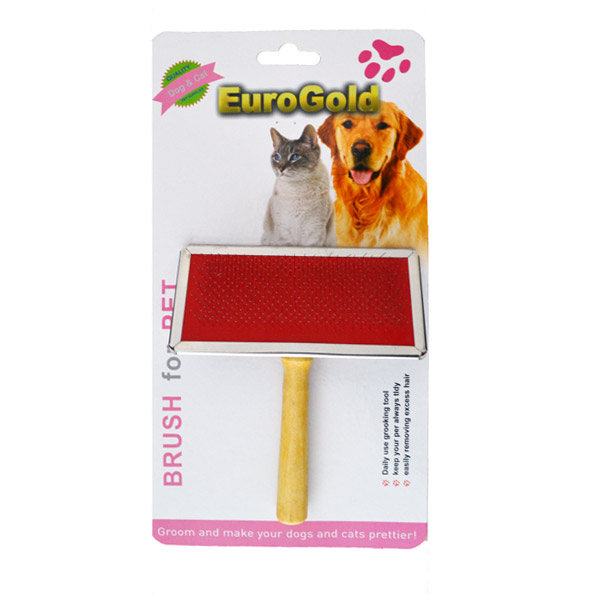 [454-ZM1034L] Euro Gold Tahta Saplı Kedi ve Köpek Tarama Fırçası Kırmızı (Large)