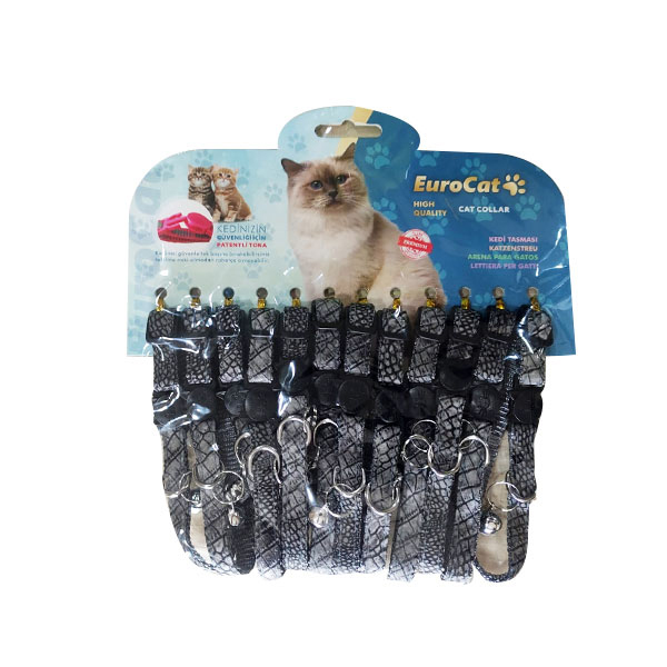 [678-2504-12] Euro Cat Deri Desenli Çıngıraklı Kedi Boyun Tasması Gri