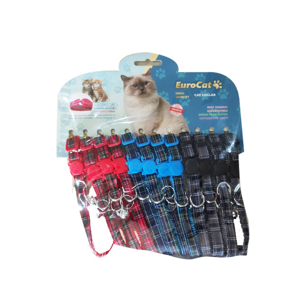 [678-2506-12] Euro Cat Ekose Desenli Çıngıraklı Kedi Boyun Tasması Kırmızı/Mavi/Siyah