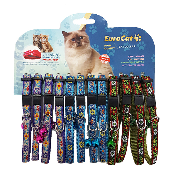 [678-2067-12] Euro Cat Çiçek Desenli Çıngıraklı Kedi Boyun Tasması Kırmızı/Mavi/Mor
