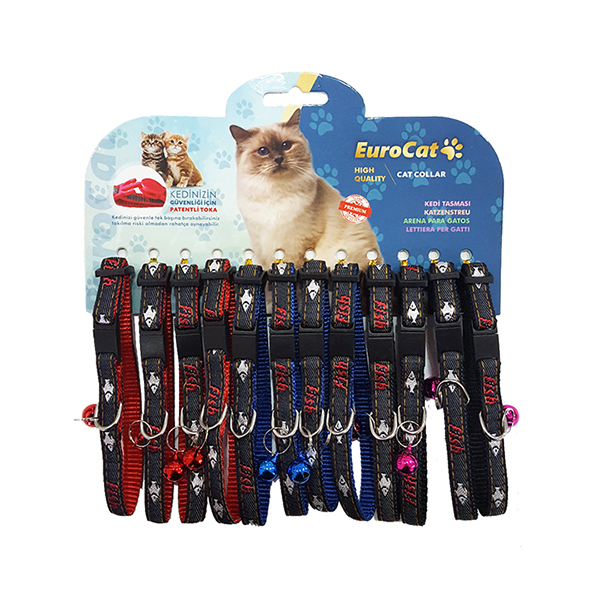 [678-MLC12-12] Euro Cat Balık Desenli Çıngıraklı Kedi Boyun Tasması Kırmızı/Mavi/Siyah