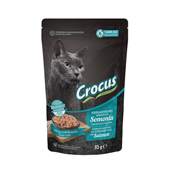 [856-004] Crocus Tahılsız Pouch Jöleli Somonlu Kısırlaştırılmış Konserve Kedi Maması (1 Adet)