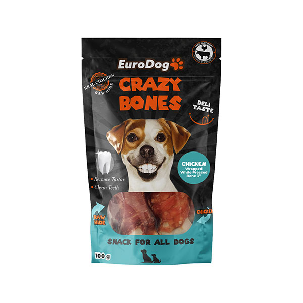 [458-4106] Euro Dog Crazy Bones Dental Düğümlü Tavuk Sargılı Köpek Ödül Maması 6x100 Gr (3 Adet)