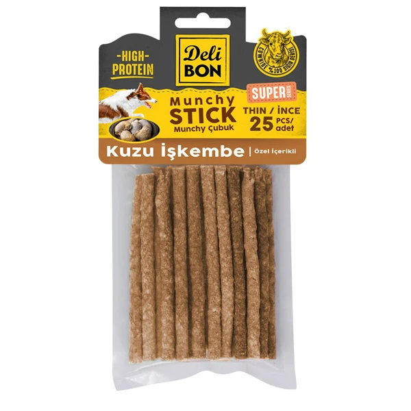 [SUPER25MUNCHYISKEMBE] Delibon Süper Munchy Çubuk Kuzu İşkembeli Köpek Çiğneme Kemiği (25 Adet, İnce)