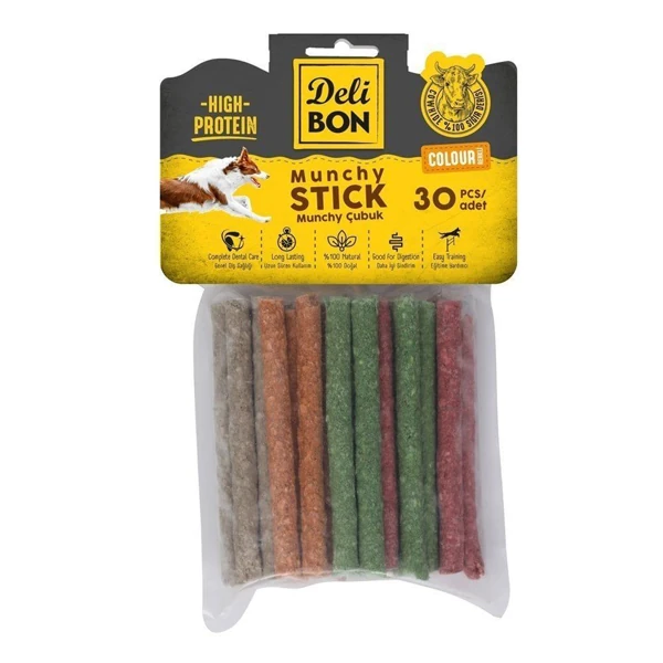 [EKO30MUNCHYMIXCOLOR] Delibon Munchy Karışık Renk İnce Deri Çubuk Köpek Ödülü (30 Adet)