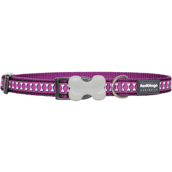 [DC-RB-PU-12] Red Dingo Reflektörlü Kemik Desenli Köpek Boyun Tasması (Mor, 12 Mm)
