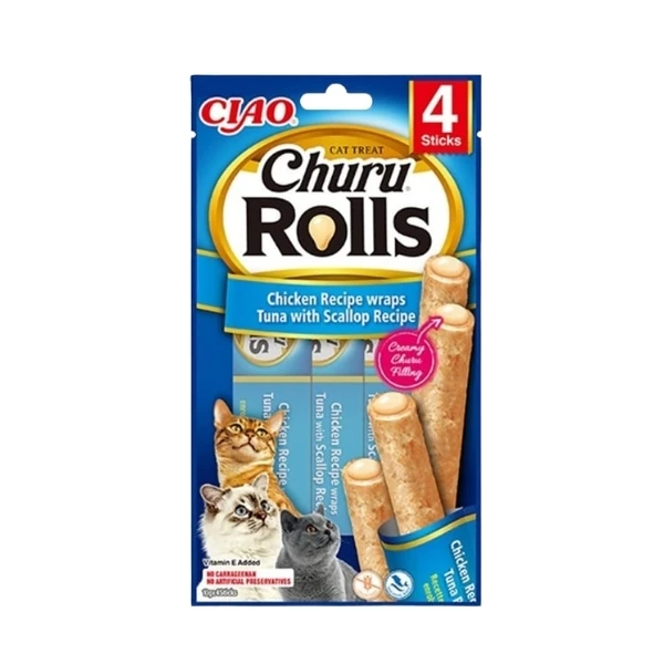 [12-EU732] Inaba Ciao Churu Rolls Sticks Tavuk Sargılı Deniz Taraklı ve Ton Balıklı Kedi Ödül Maması (1 Adet)