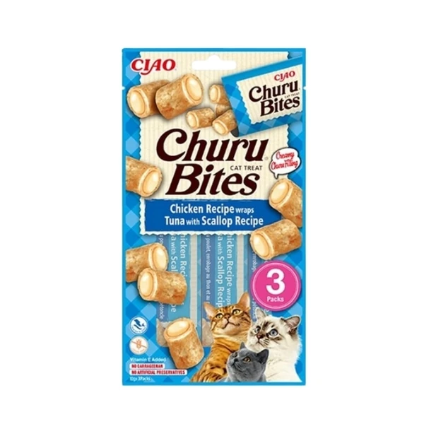 [12-EU722] Inaba Ciao Churu Bites Tavuk Sargılı Deniz Taraklı ve Ton Balıklı Kedi Ödül Maması (1 Adet)
