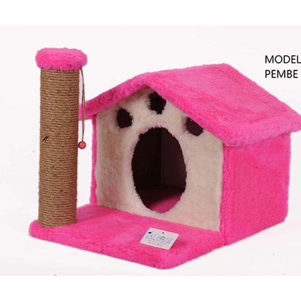 [Y01P] Cat Hause Y01 Ev Şeklinde Yuvalı ve Yataklı Kedi Tırmalama Evi (Pembe)