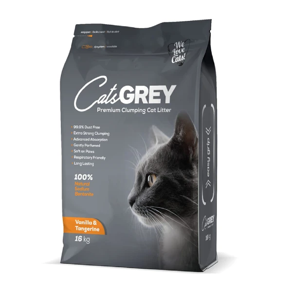 [02-50-CTS] Cats Grey Premium Vanilya ve Mandalina Kokulu Tozsuz Topaklanan İnce Taneli Bentonit Kedi Kumu