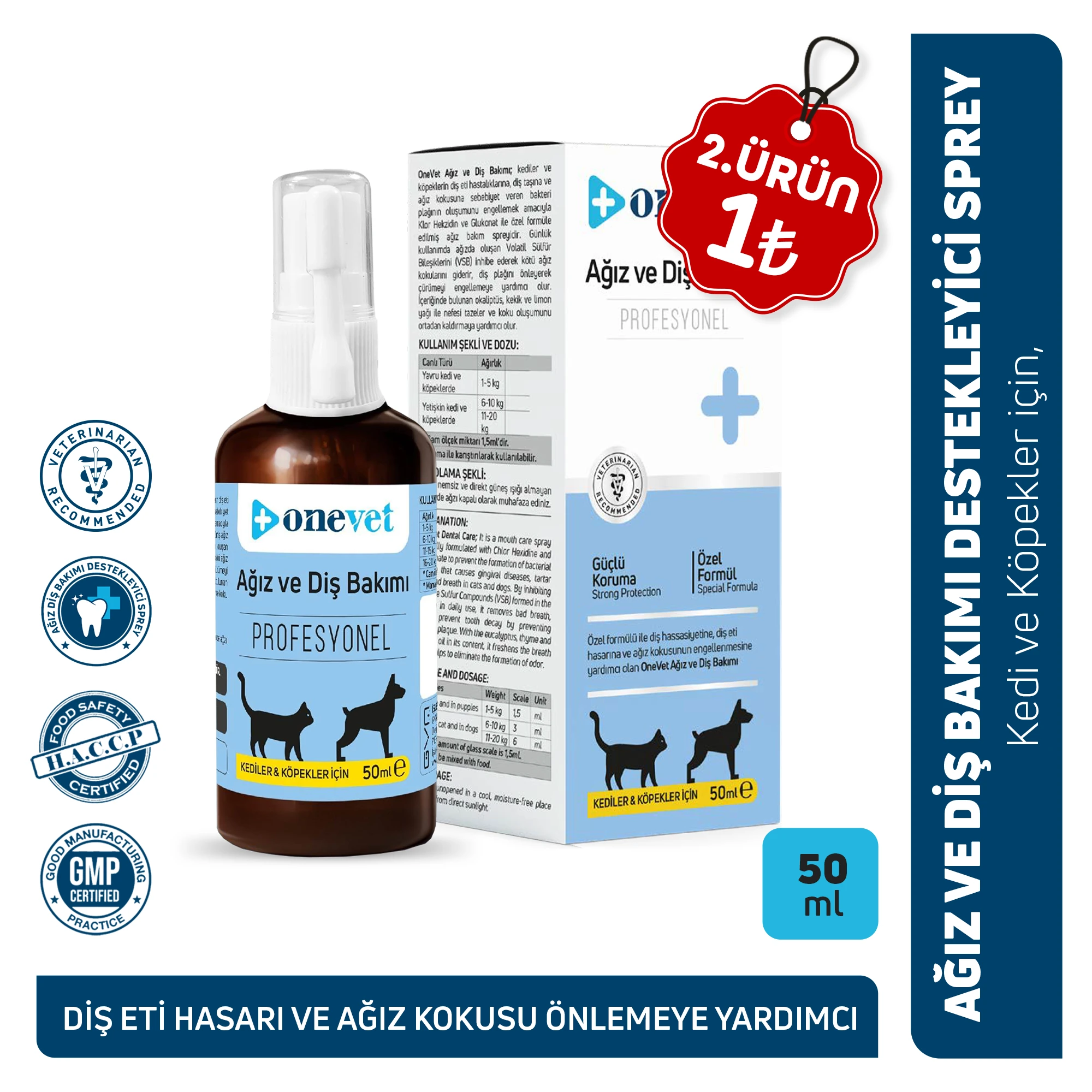 [OCD105] OneVet Kedi ve Köpekler İçin Ağız ve Diş Bakımı Destekleyici Sprey