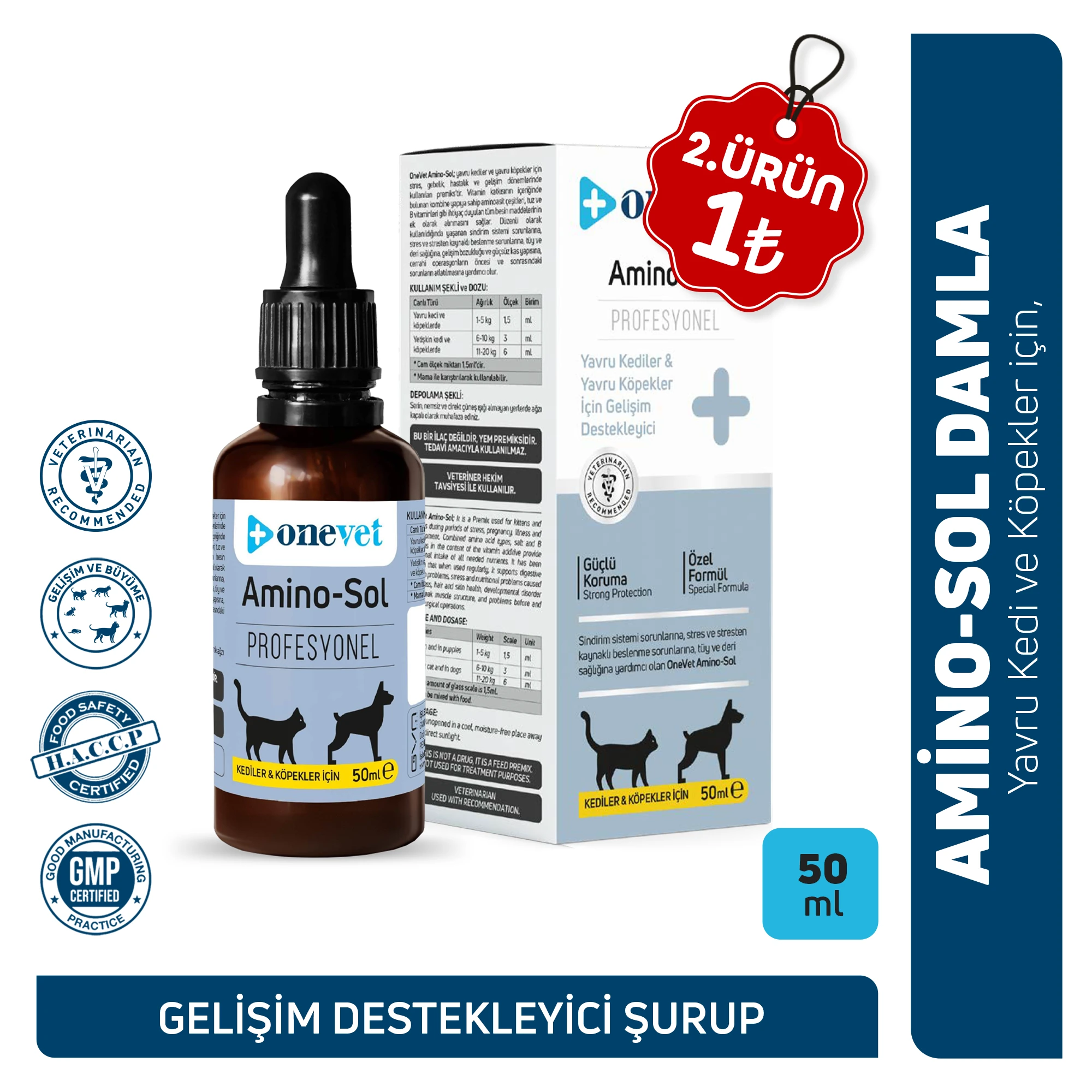 [OCD106] OneVet Amino-Sol Yavru Kedi ve Köpekler İçin Gelişim Destekleyici Damla