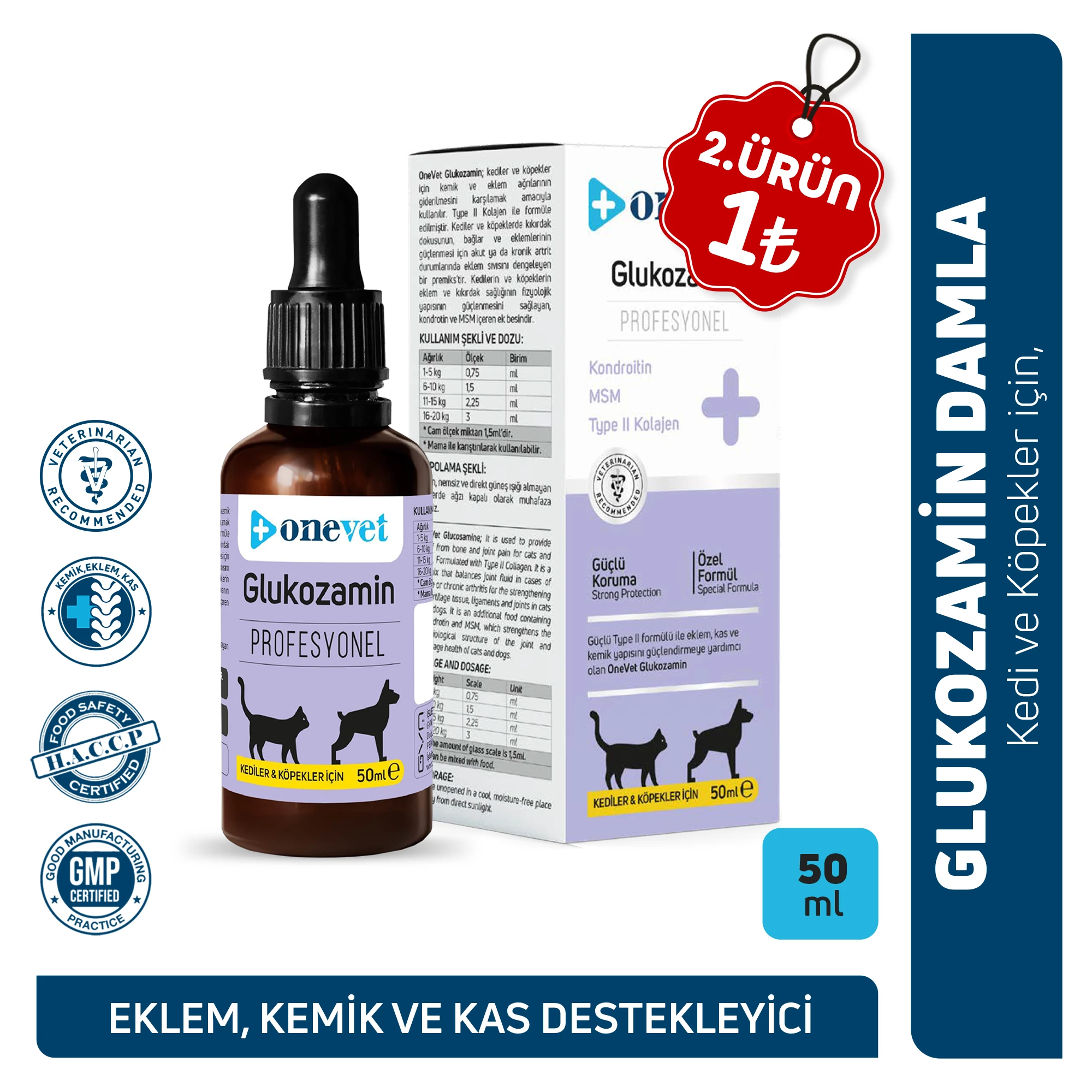 [OCD103] OneVet Glukozamin Kedi ve Köpekler İçin Eklem, Kas ve Kıkırdak Sağlığı Destekleyici Damla