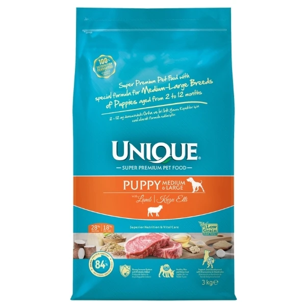 [U01.00.043] Unique Kuzu Etli Orta ve Büyük Irk Düşük Tahıllı Yavru Köpek Maması (3 Kg)