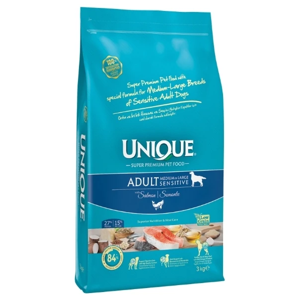 [U01.00.074] Unique Sensitive Somonlu Orta ve Büyük Irk Düşük Tahıllı Yetişkin Köpek Maması (3 Kg)
