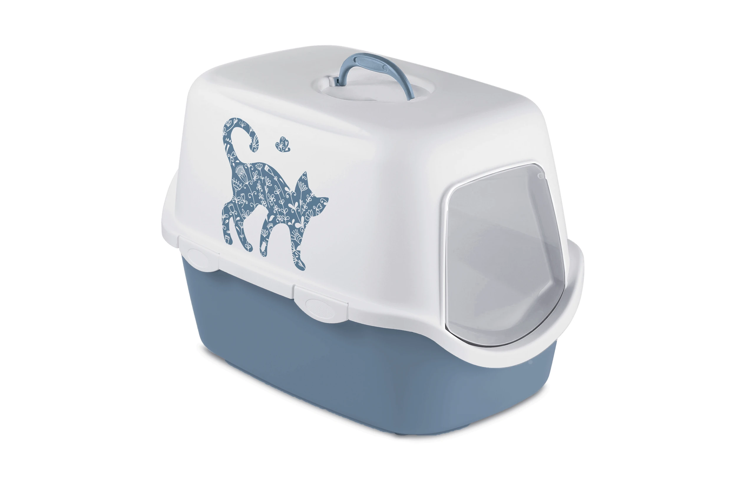 [391-98691] Stefanplast Cathy Griffe Kedi Desenli Kapalı Kedi Tuvaleti (Beyaz/Mavi)
