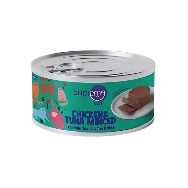 [8684207638758] Supreme Cat Kıyılmış Tavuklu ve Ton Balıklı Yetişkin Konserve Kedi Maması (1 Adet)