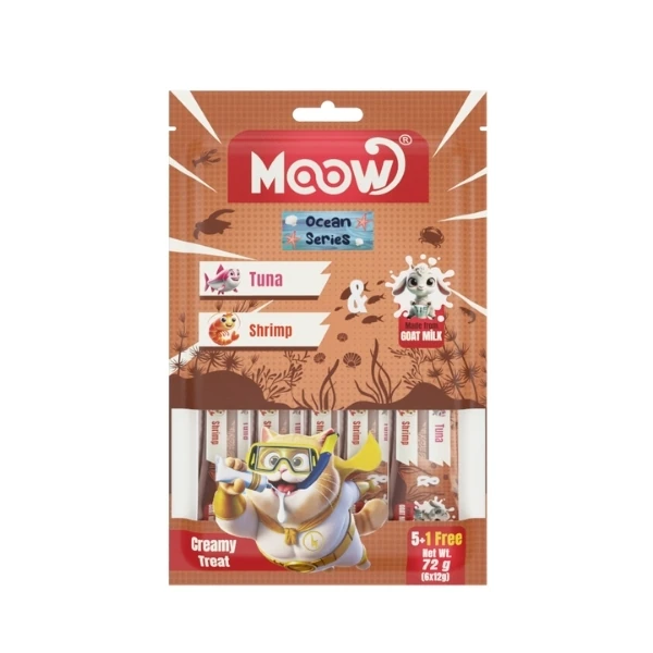 [8684862800125] Moow Ton Balıklı Karidesli ve Keçi Sütlü Yetişkin Sıvı Kedi Ödül Maması (6x12 Gr, 1 Adet)