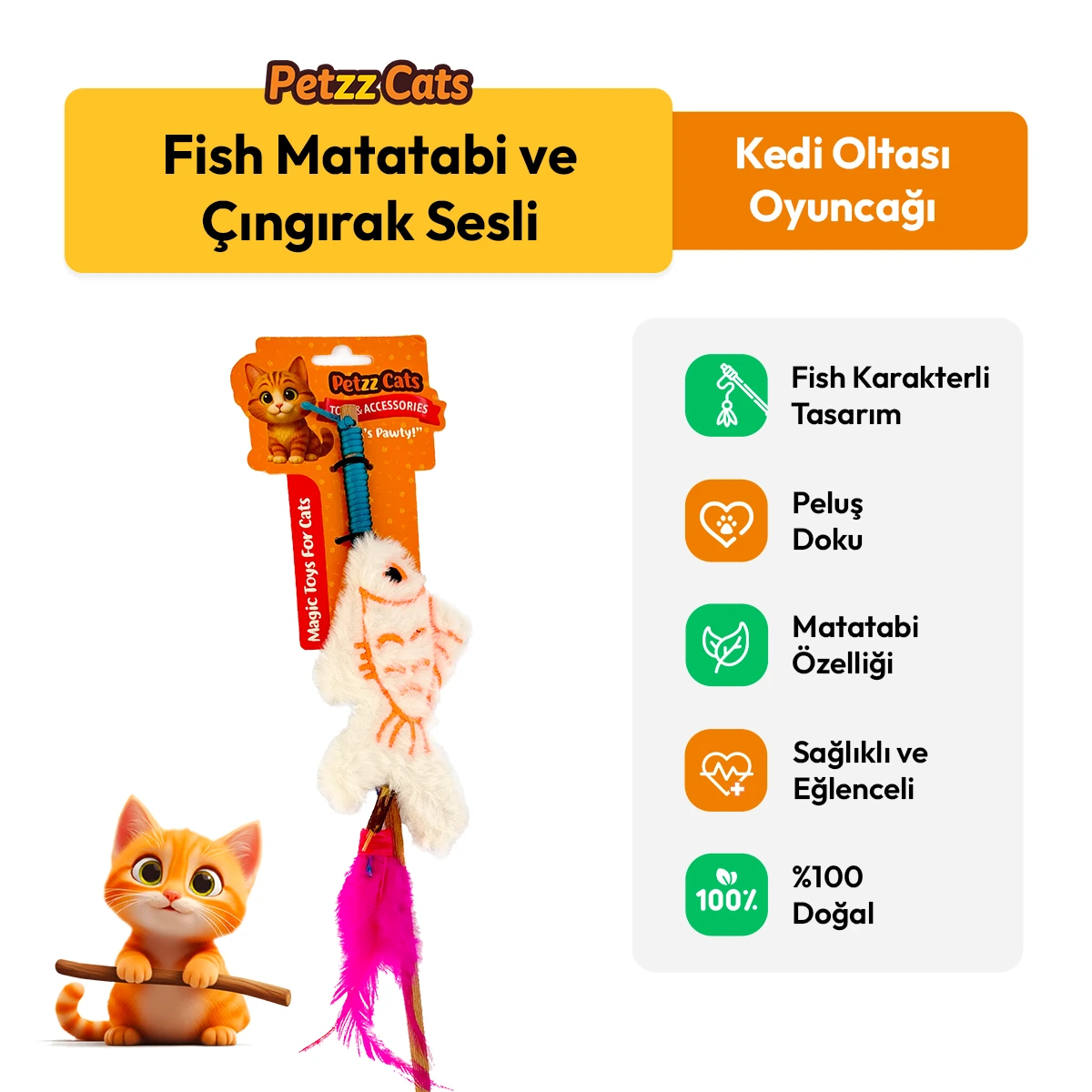 PetzzCats Fish Matatabi ve Çıngırak Sesli Kedi Oltası Oyuncağı 42 Cm