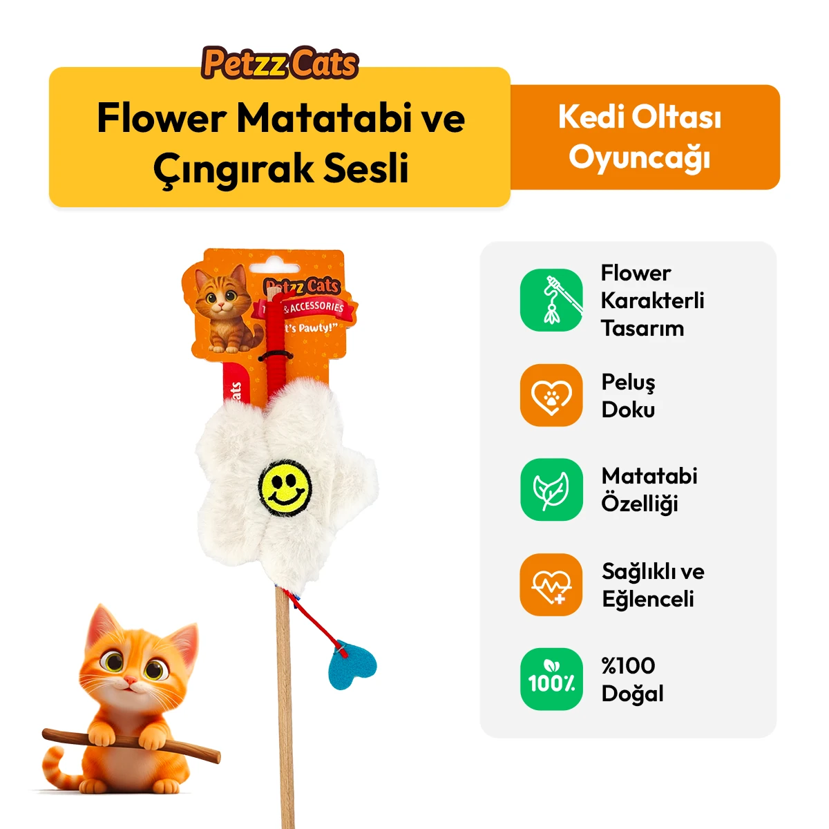 [PTZ-C-005-B] PetzzCats Flower Matatabi ve Çıngırak Sesli Kedi Oltası Oyuncağı 42 Cm (Beyaz)