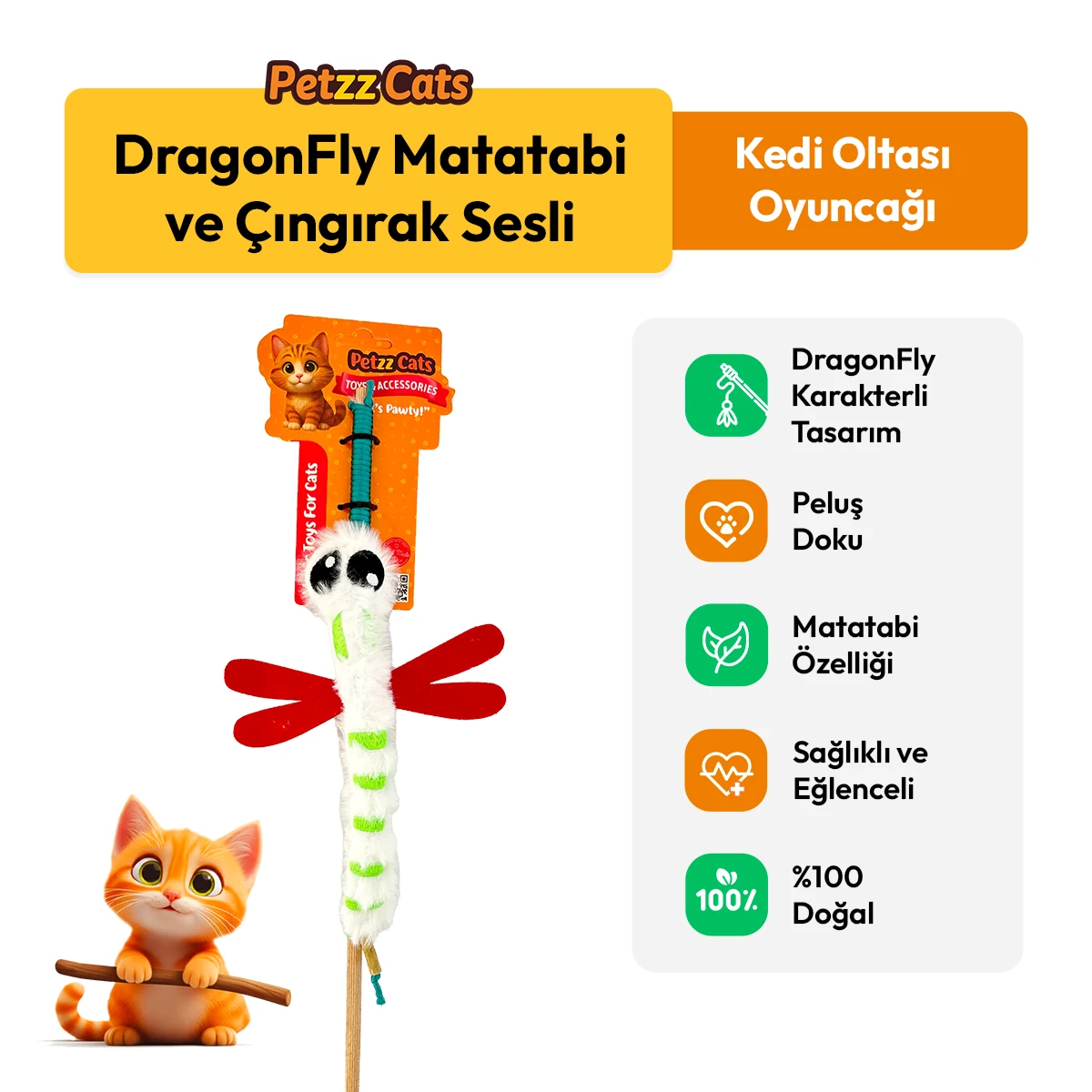 [PTZ-C-007-B] PetzzCats DragonFly Matatabi ve Çıngırak Sesli Kedi Oltası Oyuncağı 42 Cm (Beyaz)