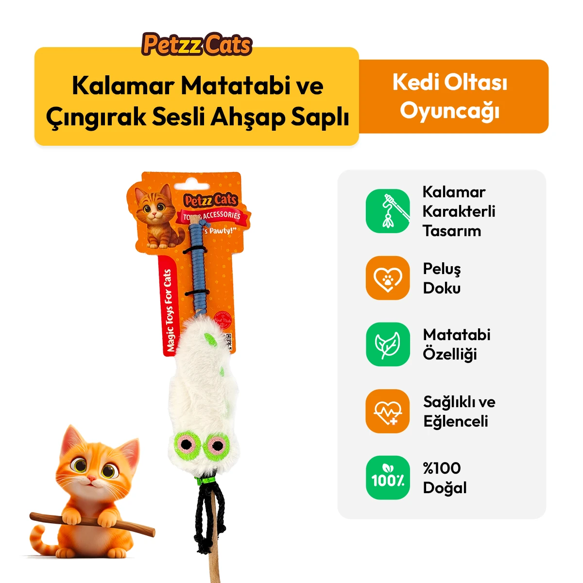 [PTZ-C-002-B] PetzzCats Kalamar Matatabi ve Çıngırak Sesli Kedi Oltası Oyuncağı 42 Cm (Beyaz)