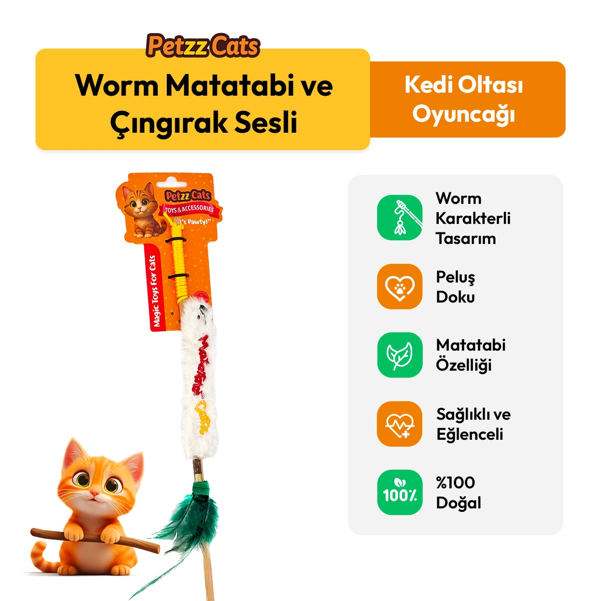 PetzzCats Worm Matatabi ve Çıngırak Sesli Kedi Oltası Oyuncağı 42 Cm