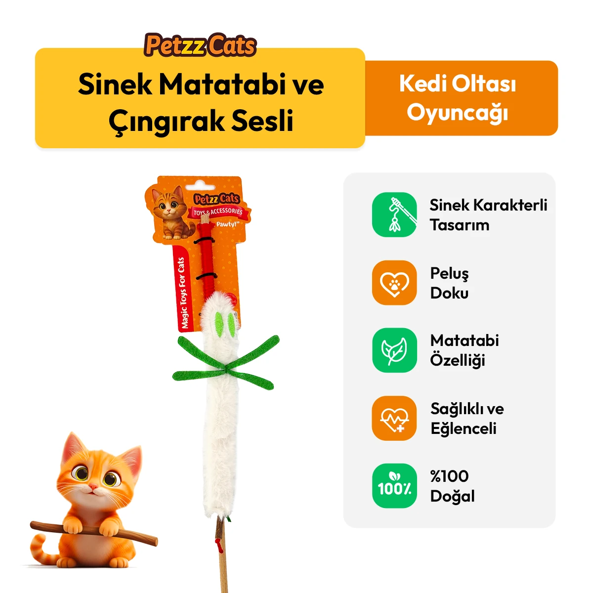 [PTZ-C-006-B] PetzzCats Sinek Matatabi ve Çıngırak Sesli Kedi Oltası Oyuncağı 42 Cm (Beyaz)