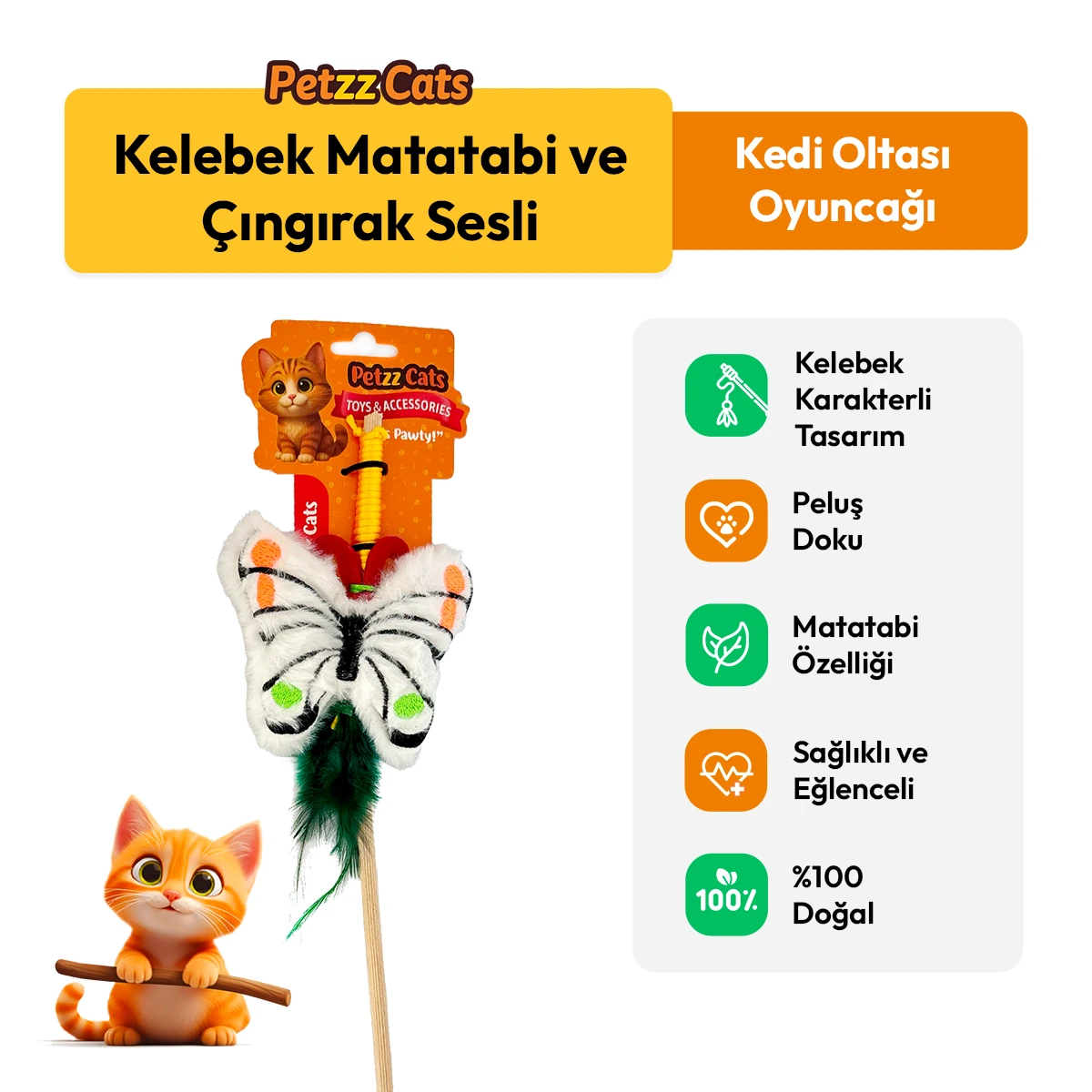 [PTZ-C-012] PetzzCats Kelebek Matatabi ve Çıngırak Sesli Kedi Oltası Oyuncağı 42 Cm (Beyaz)