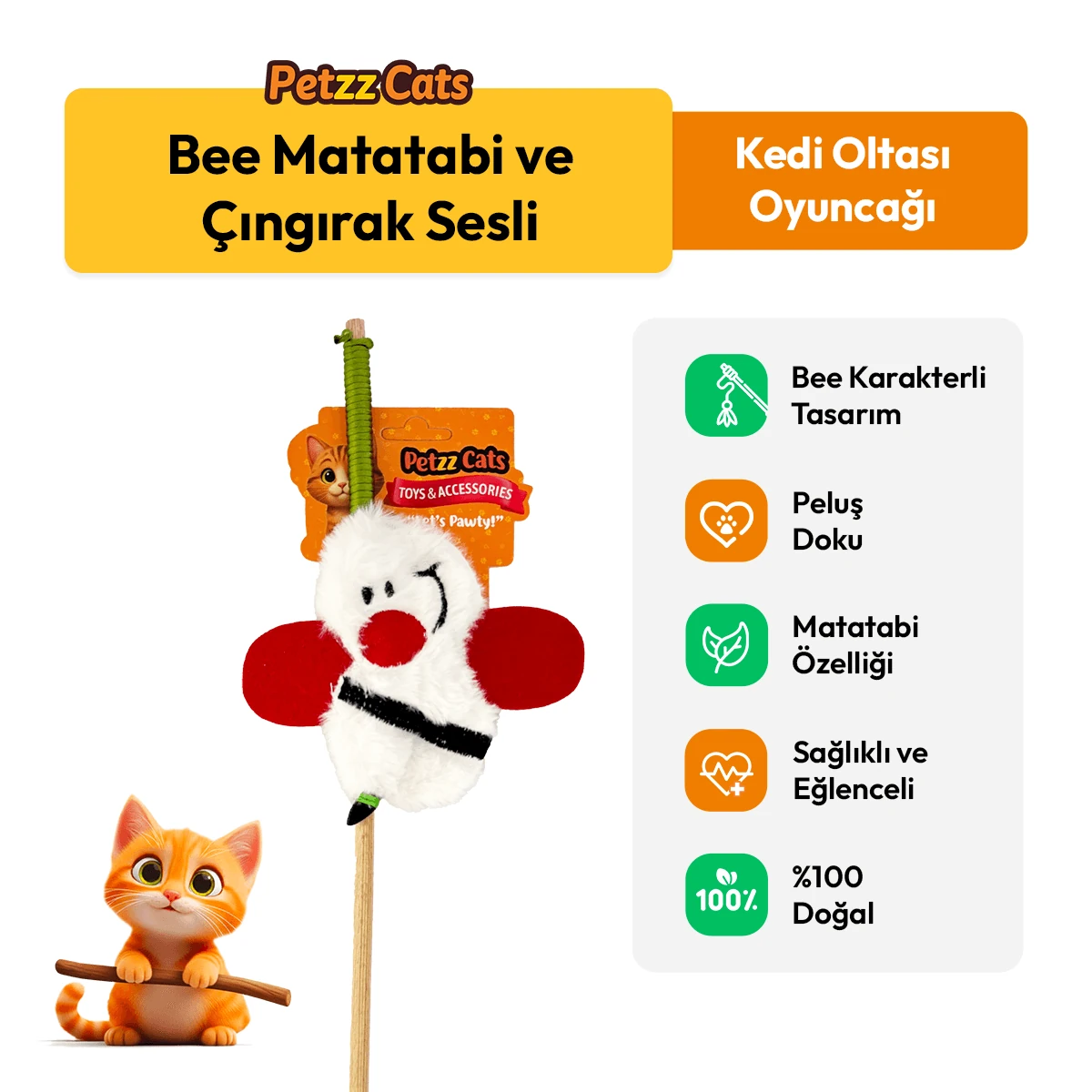 [PTZ-C-008-B] PetzzCats Bee Matatabi ve Çıngırak Sesli Kedi Oltası Oyuncağı 42 Cm (Beyaz)