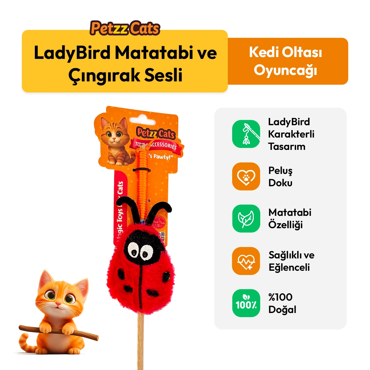 [PTZ-C-010-KS] PetzzCats LadyBird Matatabi ve Çıngırak Sesli Kedi Oltası Oyuncağı (Kırmızı/Siyah)