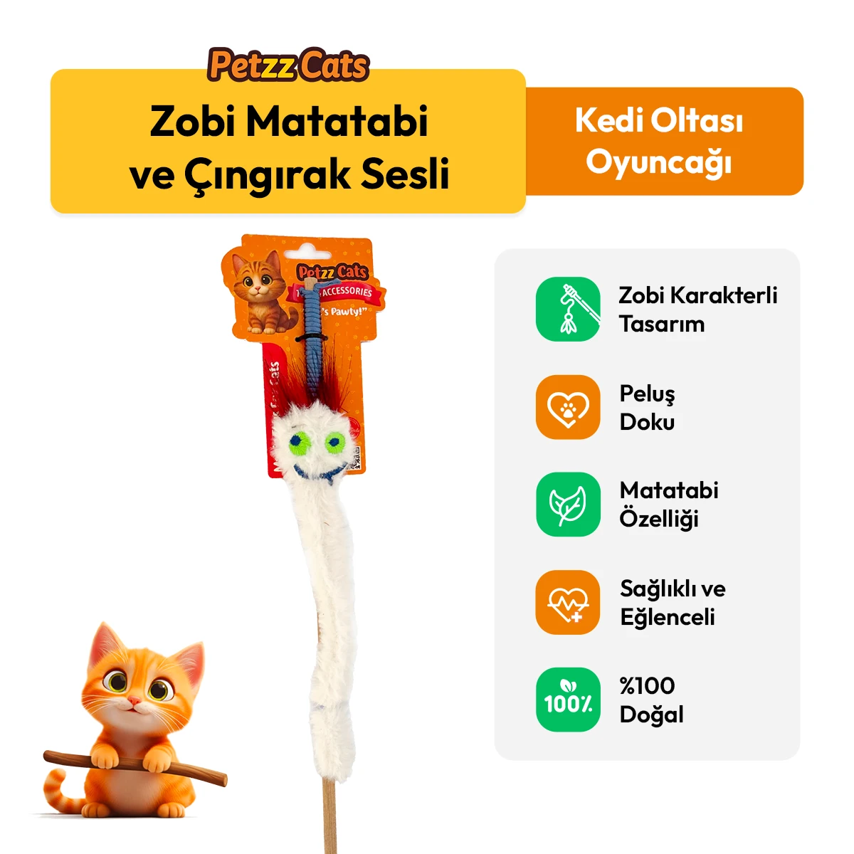 [PTZ-C-009-B] PetzzCats Zobi Matatabi ve Çıngırak Sesli Kedi Oltası Oyuncağı 42 Cm (Beyaz)
