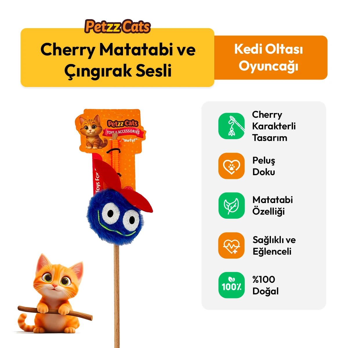 [PTZ-C-011-M] PetzzCats Cherry Matatabi ve Çıngırak Sesli Kedi Oltası Oyuncağı 42 Cm (Mavi)